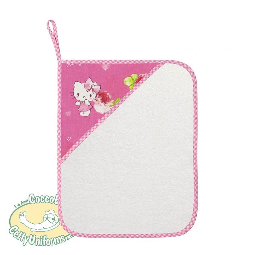 Asciugamano piccolo per Asilo e Scuola in spugna bianca, Hello Kitty con rosa